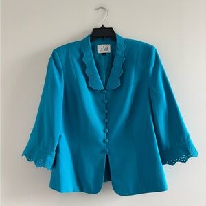 Le Suit Blazer Eyelet Lace Trim Blue Lined Womens 14 Office Feminine Retro